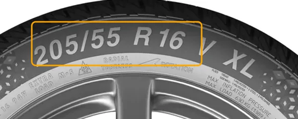 Padangos šonas su pažymėtu išmatavimų užrašu 205/55 R 16